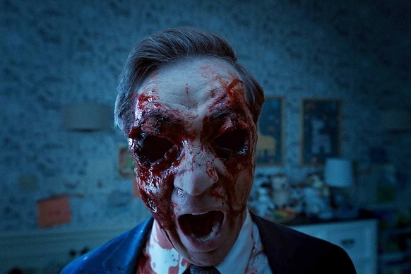 President James Collins (Devon Sawa) screams as his eyes explode in his head in Chucky Episode 306.