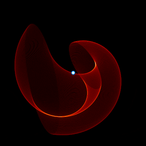 An animation created using a physical model for Apep: Two massive stars orbiting one another, their winds colliding and producing a huge spiral of dust. The loop pauses when it matches the configuration seen in the actual observations.