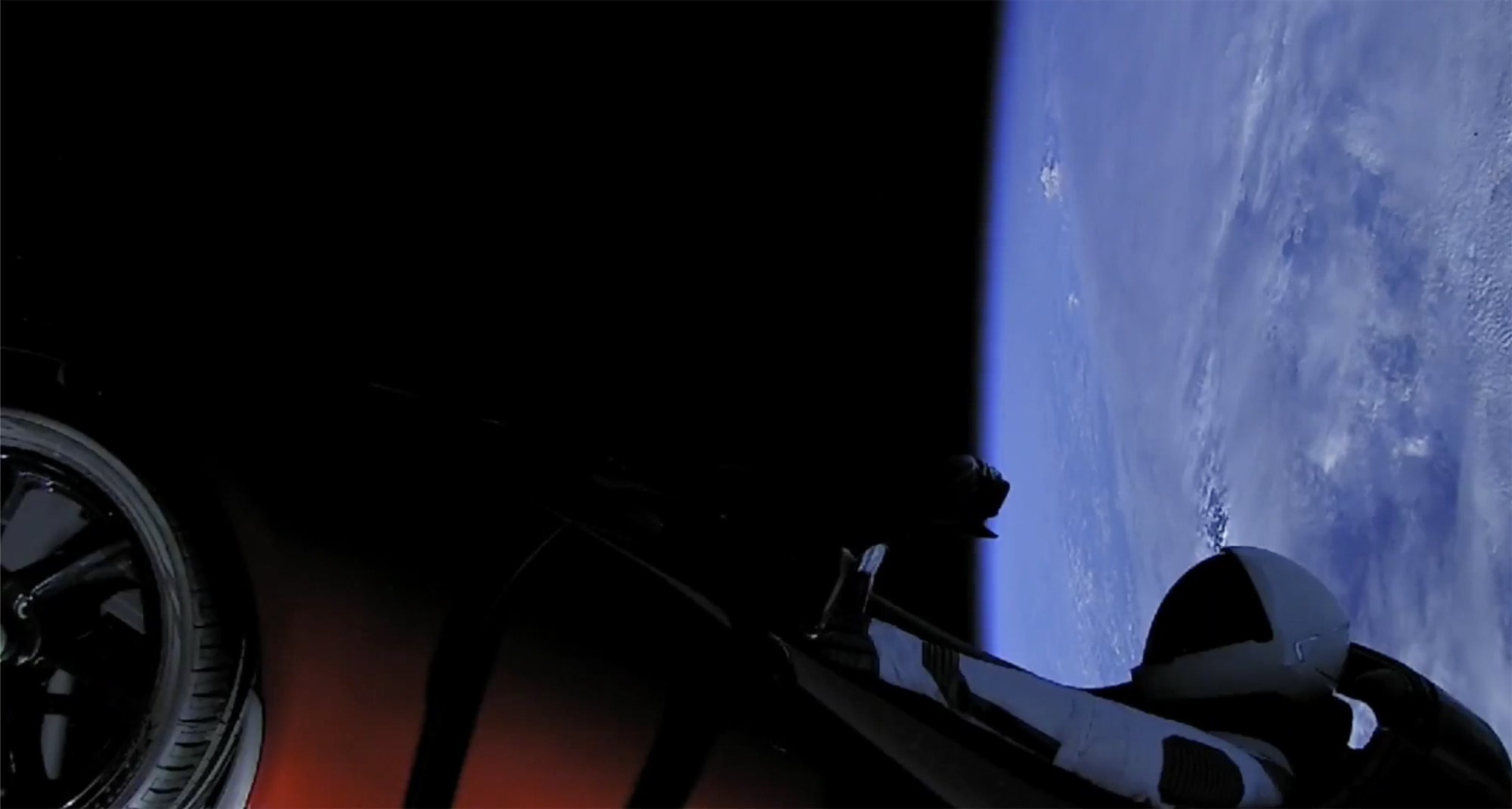 Floating in a tin can: Starman and the Roadster seemingly about to drive to Mars. Credit: SpaceX