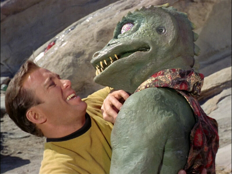 William Shatner as Capt. James T. Kirk fighting the Gorn in "Arena".