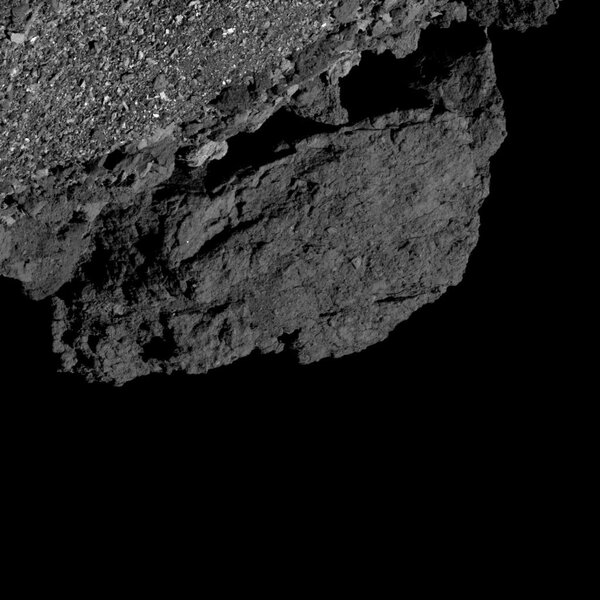 The largest boulder on the surface of Bennu, called Boulder No. 1 (or, unofficially, BenBen). It’s 22 meters high, as tall as a 6 story building. Credit: NASA/Goddard/University of Arizona