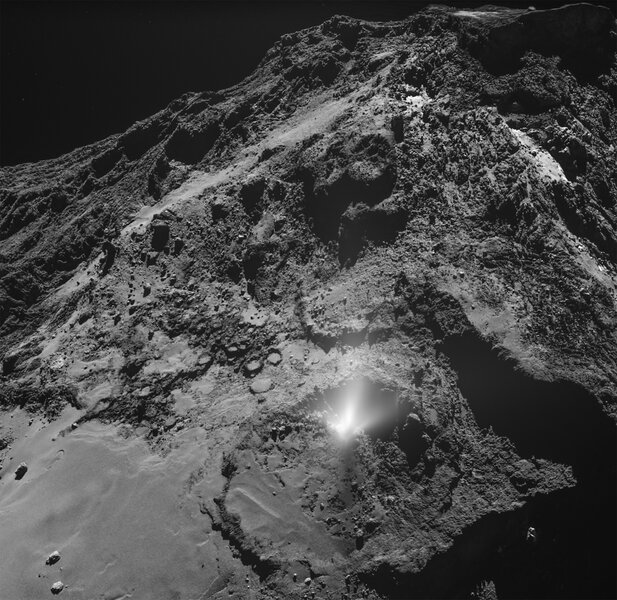 A plume of water and dust erupted on the comet 67/P on July 3, 2016, and was caught on camera by the Rosetta spacecraft from just kilometers away. Credit: ESA/Rosetta/MPS for OSIRIS Team MPS/UPD/LAM/IAA/SSO/INTA/UPM/DASP/IDA