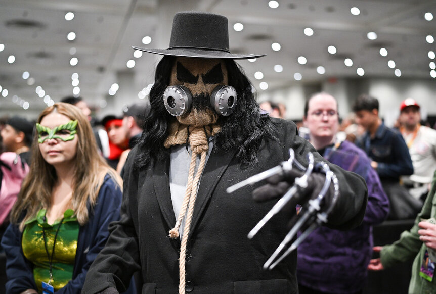 A cosplayer posing as Scarecrow attends New York Comic Con 2023 - Day 2 at Javits Center.