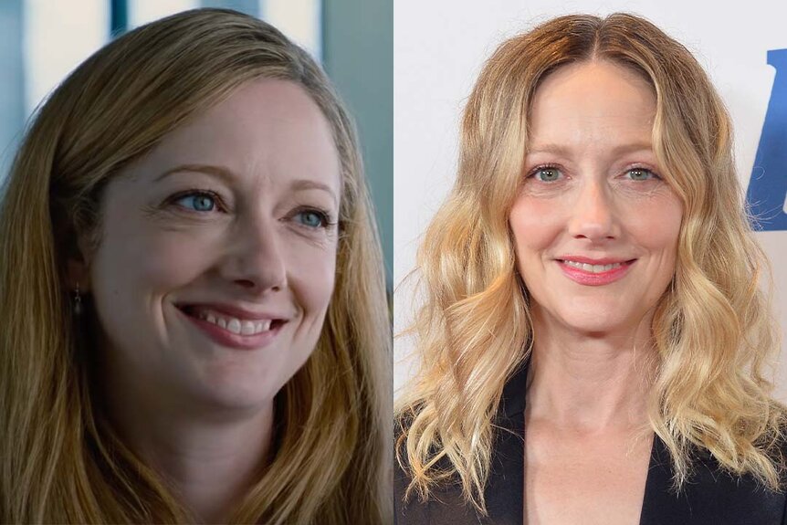 A split of Judy Greer in Jurassic World (2015) and Judy Greer in 2023.