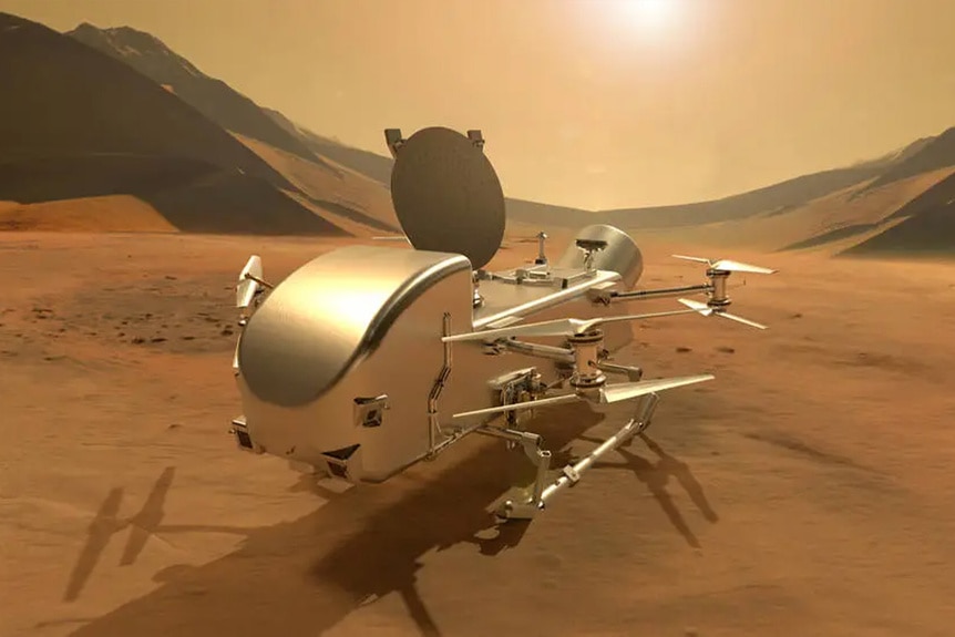 Artist’s impression of the Dragonfly rotorcraft-lander on the surface of Saturn’s moon Titan.