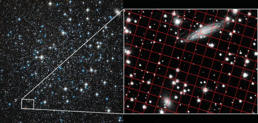 An animated image showing the motion of the globular cluster NGC 5466 (left) seen by Hubble Space Telescope over ten years. The close-up (right) shows the stars moving as a group with much more distant background galaxies appearing stationary.