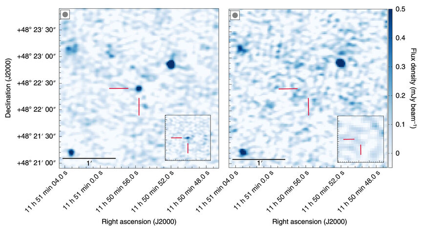 LOFAR observations of the star GJ 1151 show that sometimes it emits low-frequency radio waves (left) and sometimes it doesn’t (right). This may indicate auroral activity generated by an orbiting planet. Credit: Vedantham et al.