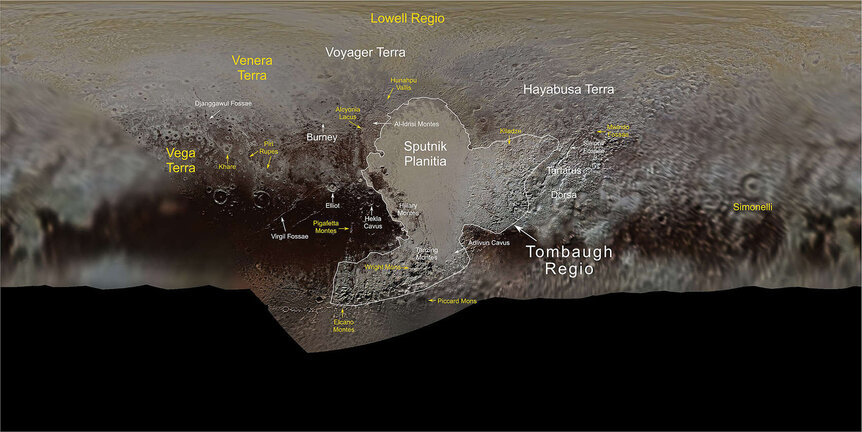 An annotated map of Pluto’s surface; Cthulhu Macula is the dark region to the west (left) of Sputnik Planitia. Credit: NASA / JHUAPL / SwRI / Ross Beyer