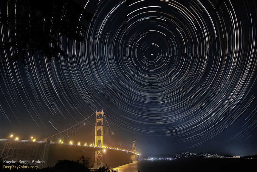 As the Earth rotates, the stars appear to make circles in the sky around the poles. Long exposures reveal this motion, like this extraordinary one of the north celestial pole over the Golden Gate Bridge in San Francisco. Credit: Rogelio Bernal Andreo