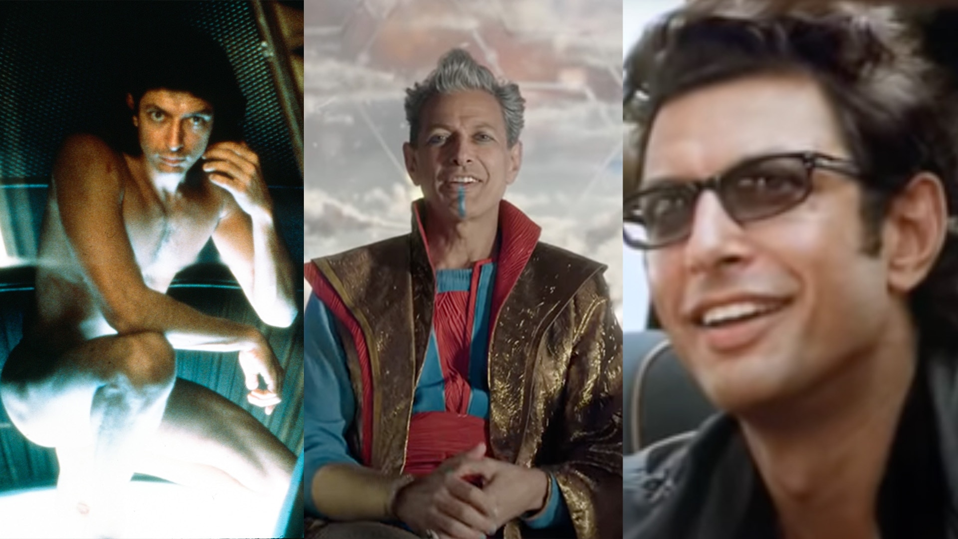 Jeff Goldblum in The Fly, Thor: Ragnarock, and Jurassic Park.