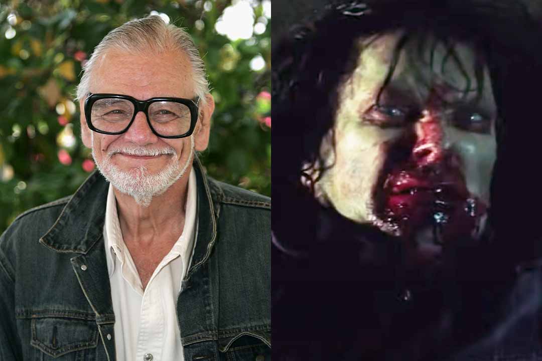 (L-R) George Romero smiles in black glasses; A bloody zombie scowls in Dawn Of The Dead (2004).