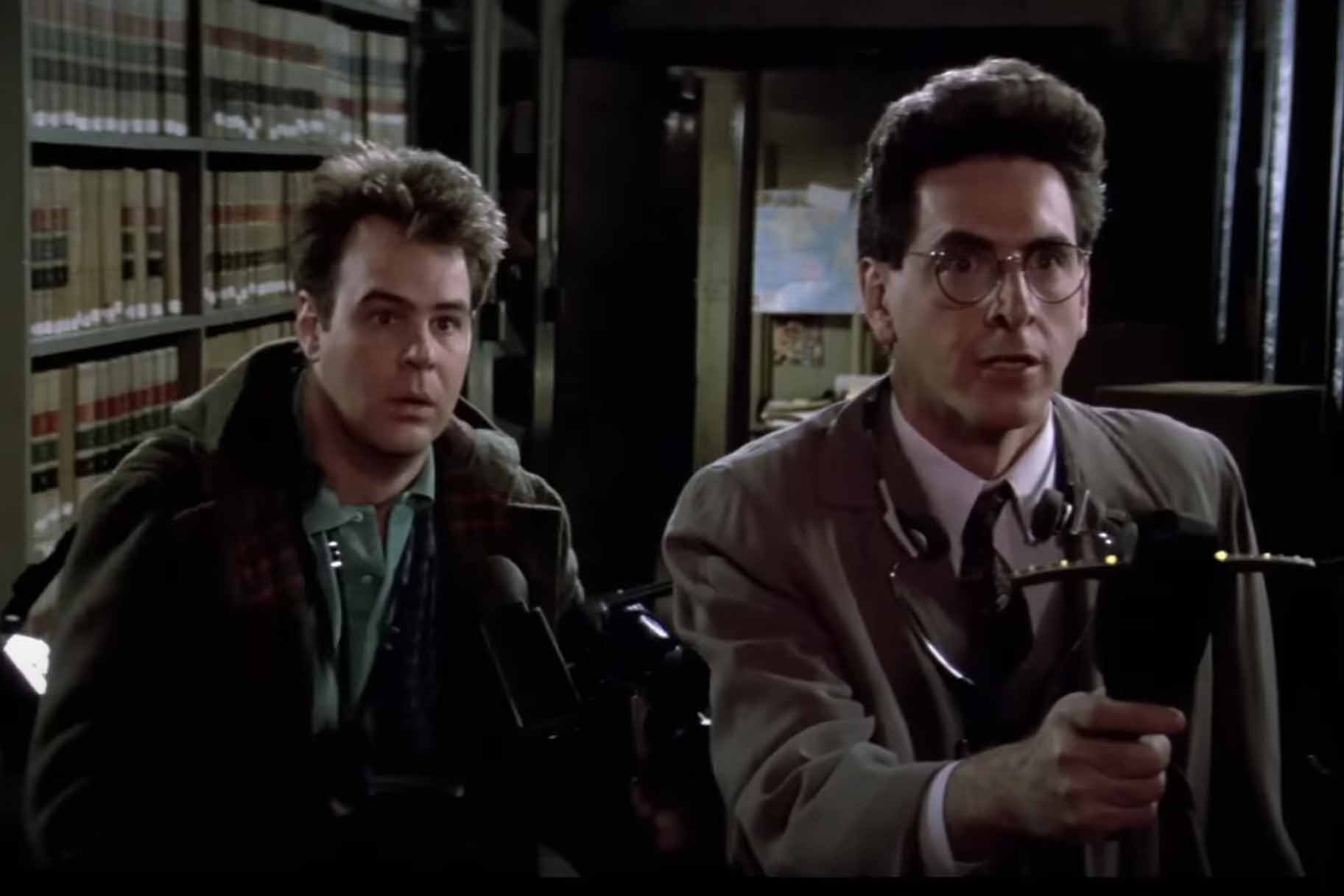 Ray Stantz (Dan Aykroyd) and Egon Spengler (Harold Ramis) use a PKE meter in Ghostbusters (1984).