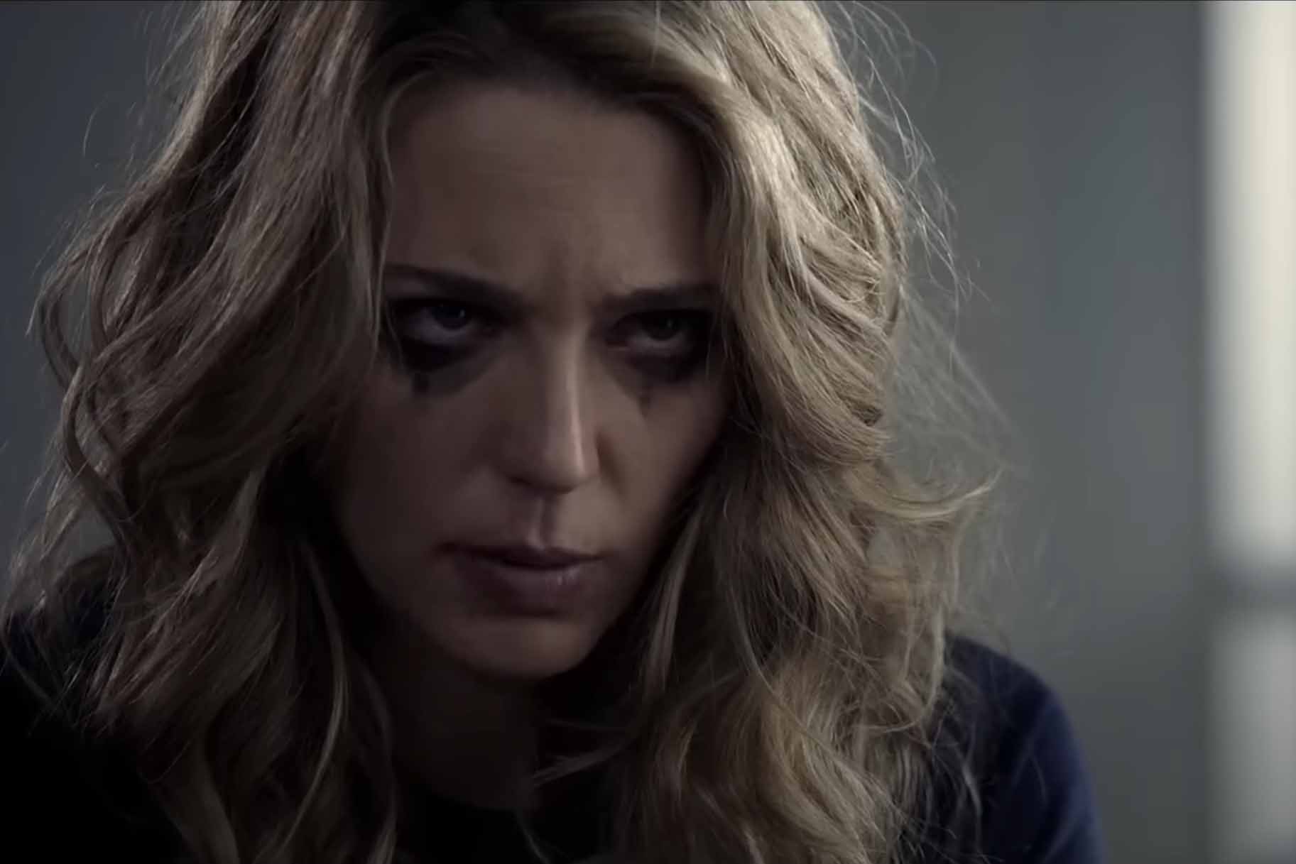 Tree Gelbman (Jessica Rothe) frowns with runny makeup in Happy Death Day (2017).