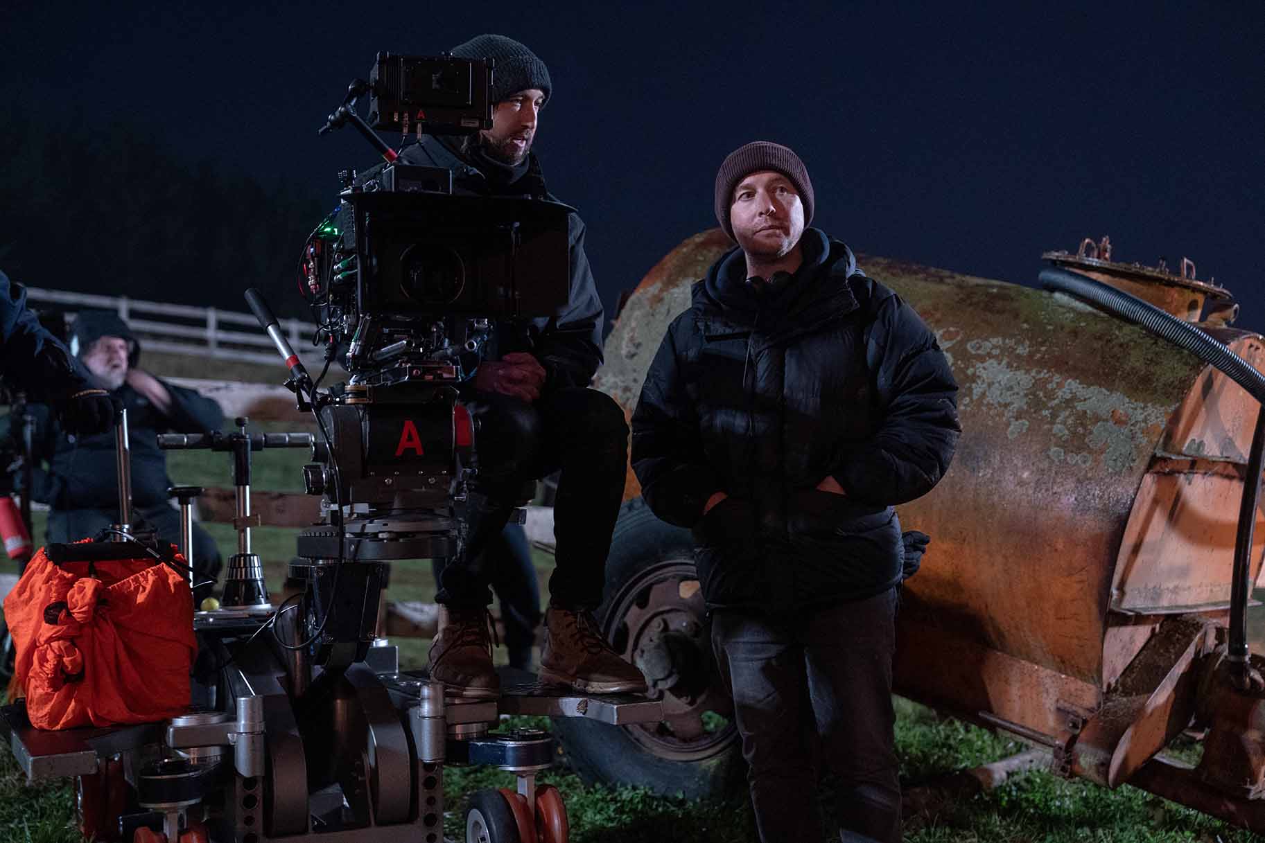 Director of Photography Stefan Duscio and Director Leigh Whannell discuss on set of Wolf Man (2024).