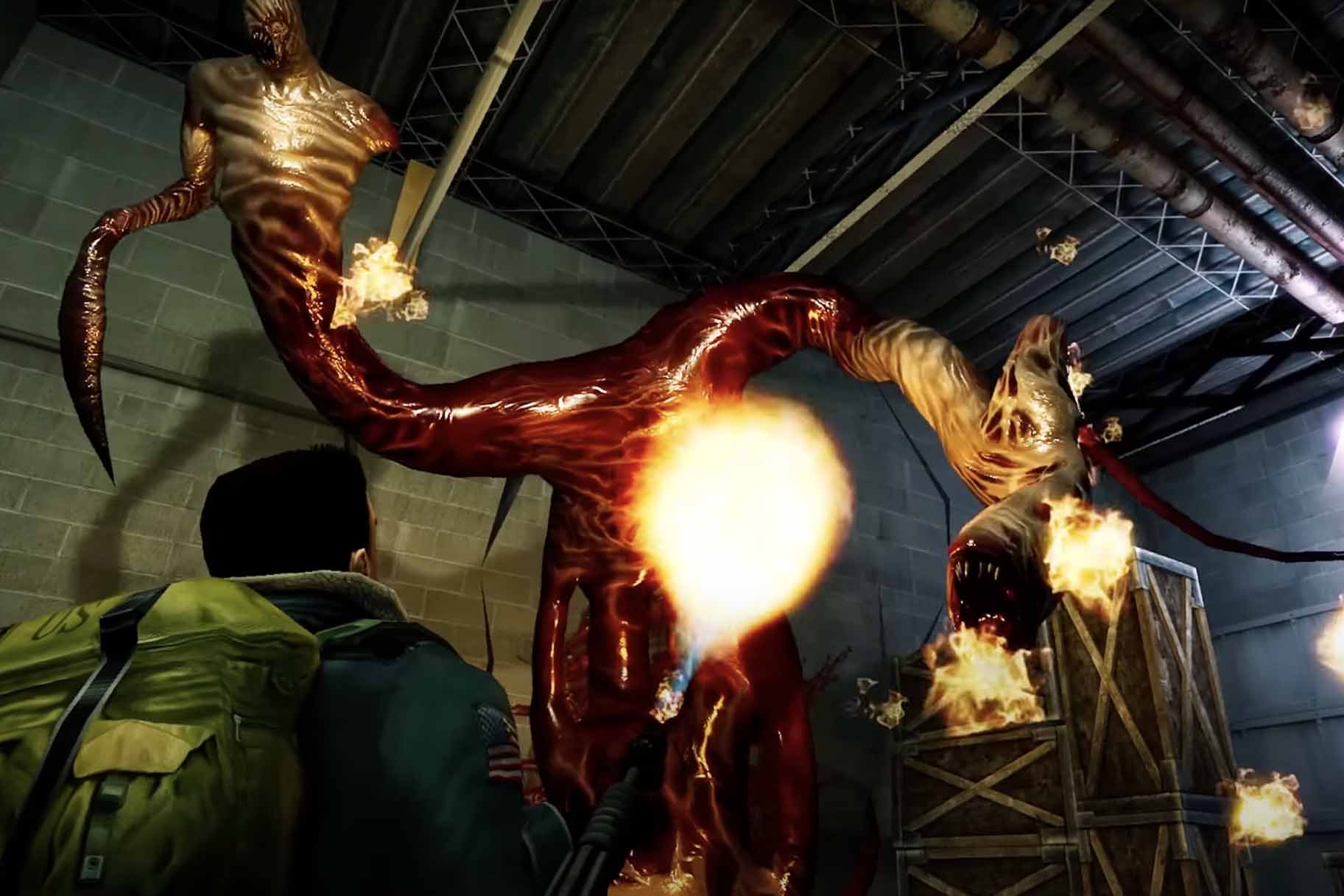 A man attacks a monster with fire in The Thing: Remastered game.