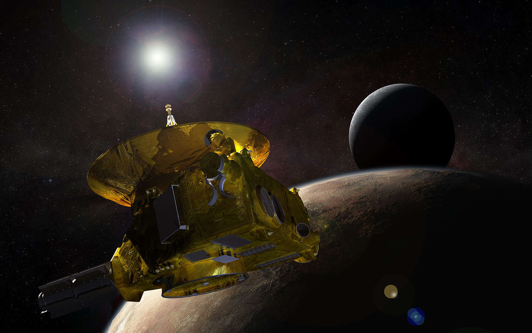 Artwork depicting the New Horizons spacecraft passing Pluto and its moon Charon. Credit: JHUAPL/SwRI