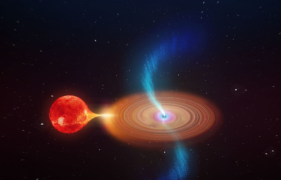 V404 Cygni is a binary system, with a normal star orbiting a massive black hole. Material drawn from the star swirls around the black hole, driving a spray of matter up and down. 