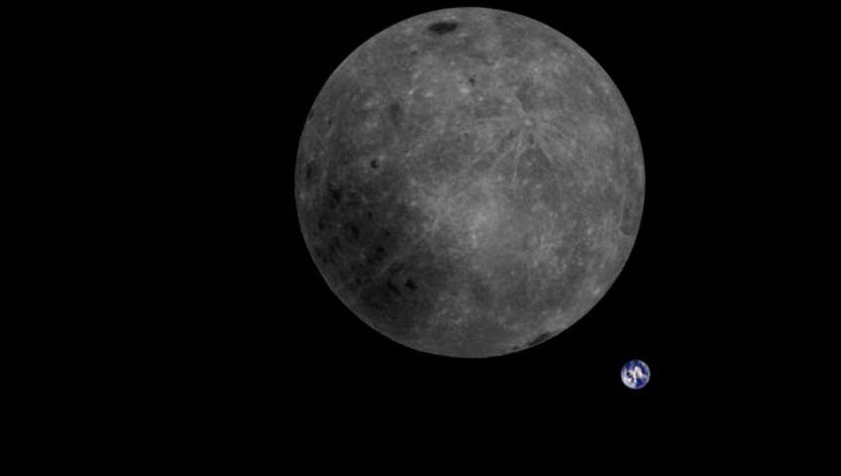 The Earth peeks out from behind the lunar far side