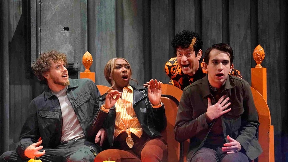 Jack Harlow, Ego Nwodim, Tom Hanks, and Andrew Dismukes appear during the David S Pumpkins sketch on Saturday Night Live.