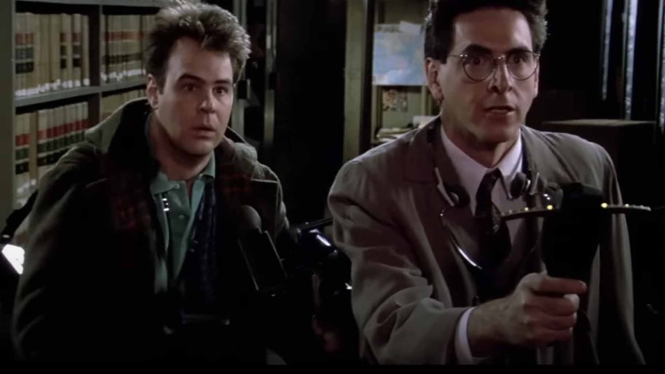 Ray Stantz (Dan Aykroyd) and Egon Spengler (Harold Ramis) use a PKE meter in Ghostbusters (1984).