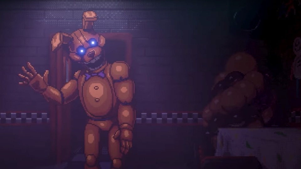 A waving animatronic with glowing eyes waves in the Five Nights at Freddy's Into The Pit game.