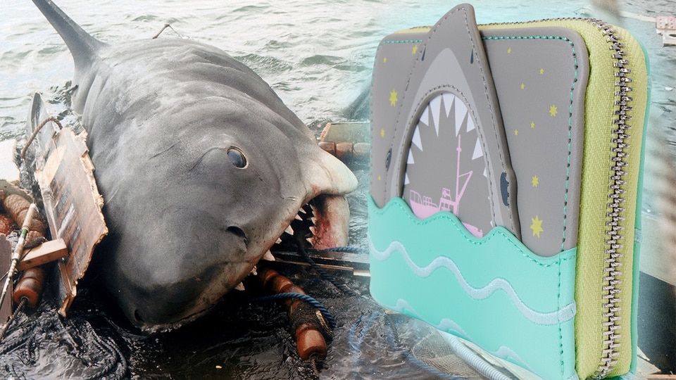 A shark on the set of Jaws (1975) and an exclusive Loungefly Jaws Collection wallet.