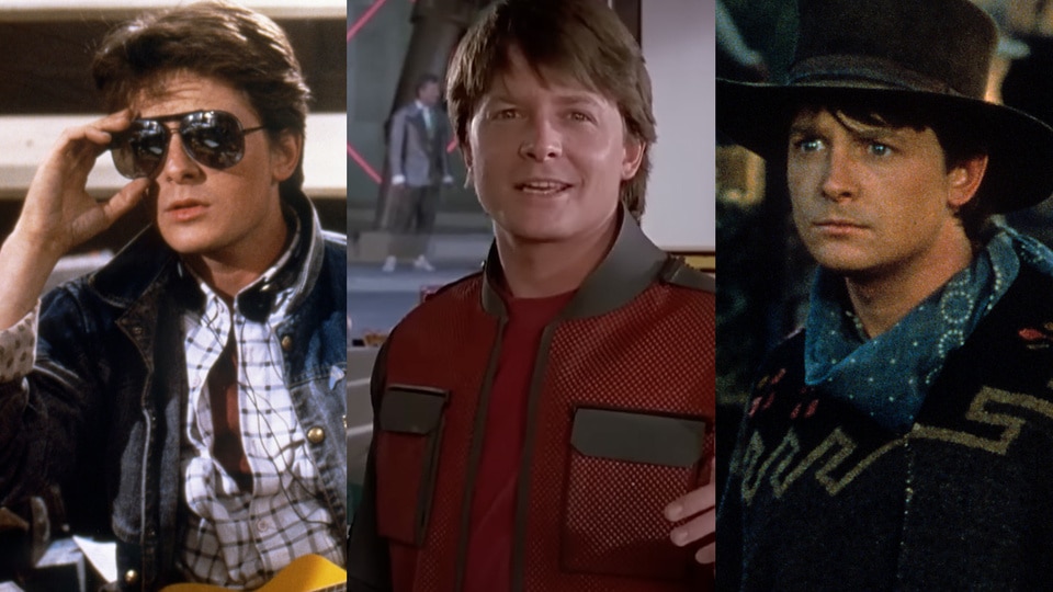 A collage featuring Marty McFly (Michael J. Fox) in Back to the Future (1985), Back to the Future Part II (1989), and Back to the Future Part III (1990).