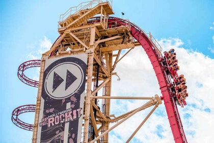 The large drop of Universal's Hollywood Rip Ride Rockit rollercoaster at Universal Studios Florida