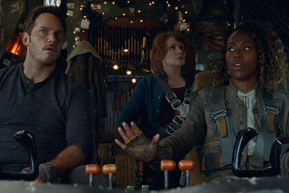 (from left) Owen Grady (Chris Pratt), Claire Dearing (Bryce Dallas Howard) and Kayla Watts (DeWanda Wise) in Jurassic World Dominion.