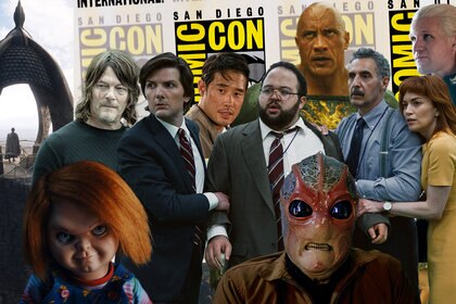 Characters from various TV shows in front of the San Diego Comic-Con logo