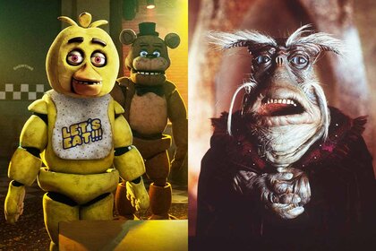 A split featuring Chica from Five Nights at Freddy's (2023) and Rygel XVI from Farscape.