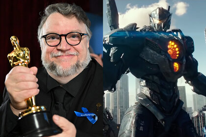 A split screen featuring Guillermo del Toro holding an Academy Award (L) and a robot from Pacific Rim Uprising (2018).