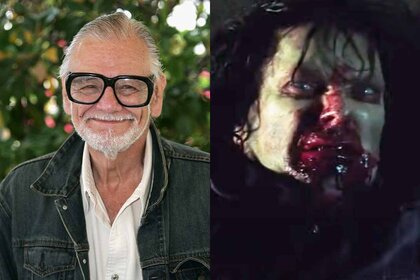 (L-R) George Romero smiles in black glasses; A bloody zombie scowls in Dawn Of The Dead (2004).