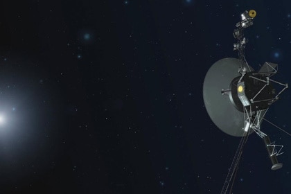 Illustration of the Voyager spacecraft in deep space.