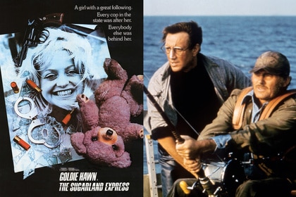 A split featuring Goldie Hawn on a poster for he Sugarland Express (1974) and Roy Scheider and Robert Shaw on the set of Jaws (1975).