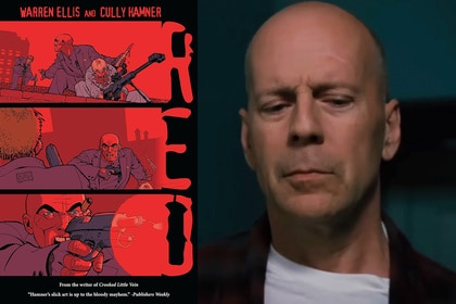The cover of the graphic novel Red and Frank Moses (Bruce Willis) in Red (2010).
