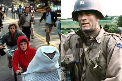 Elliot (Henry Thomas) riding with ET in his bike in a scene from the film E.T. The Extra-Terrestrial (1982); Captain John Miller (Tom Hanks) wears military fatigues in Saving Private Ryan (1998).