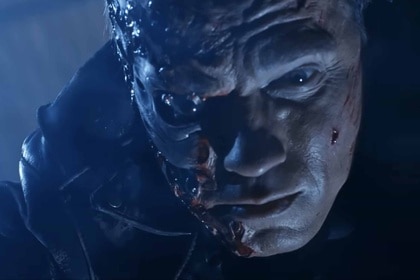 The Terminator (Arnold Schwarzenegger) appears with a half human half cyborg face in Terminator 2: Judgement Day (1991).