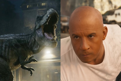 A split featuring a T. Rex from Jurassic World (2015) and Dom Toretto (Vin Diesel) in F9 (2021).