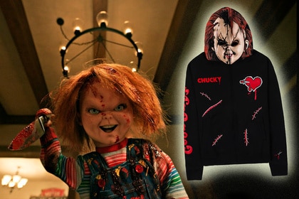 A collage featuring Chucky in Chucky Episode 303 and a Chucky zip-up hoodie.