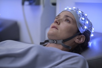 Lt. Sharon Garnet (Christie Burke) lays in an EEG cap in The Ark Episode 210.