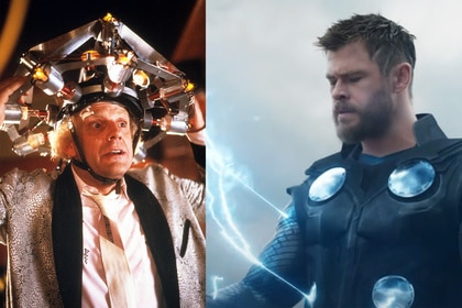 A split featuring Doc Brown (Christopher Lloyd) in Back To The Future (1985) and Thor (Chris Hemsworth) in Avengers: Endgame (2019).