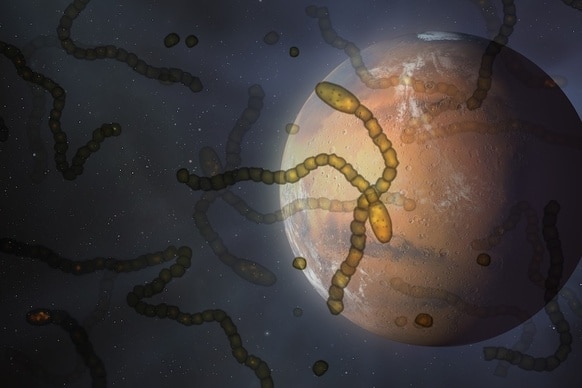 Alien microbes in space above Mars, conceptual illustration