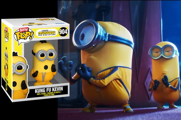 A split image of Bitty Pop! Kung Fu Kevin figurine and Minions in Minions: The Rise of Gru (2022).