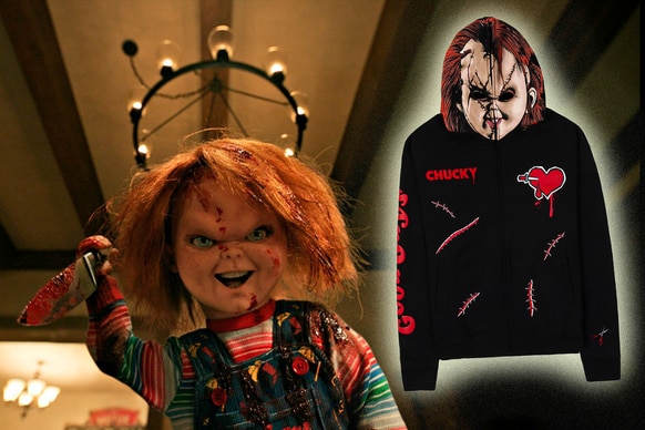 A collage featuring Chucky in Chucky Episode 303 and a Chucky zip-up hoodie.