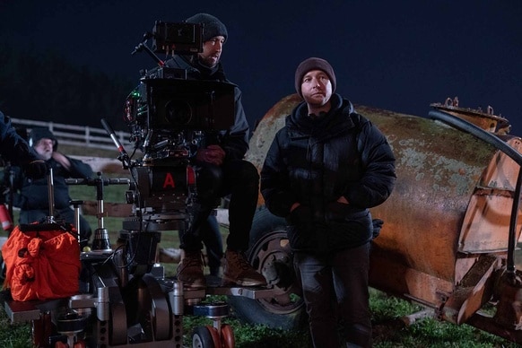 Director of Photography Stefan Duscio and Director Leigh Whannell discuss on set of Wolf Man (2024).