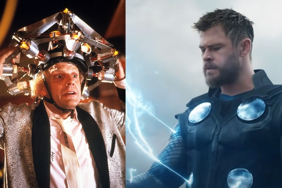 A split featuring Doc Brown (Christopher Lloyd) in Back To The Future (1985) and Thor (Chris Hemsworth) in Avengers: Endgame (2019).