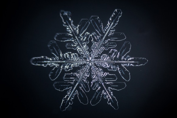 Close up photo of an individual snowflake.