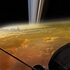 Artwork — yes, ARTWORK — depicting a view “over the shoulder” of the Cassini spacecraft during one of the last dives toward Saturn it made before the end of the mission. Credit: NASA/JPL-Caltech