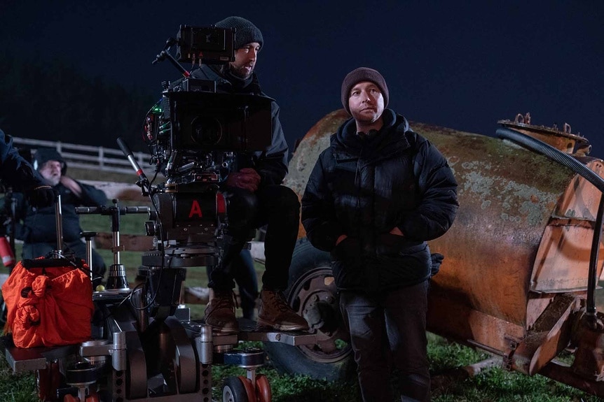 Director of Photography Stefan Duscio and Director Leigh Whannell discuss on set of Wolf Man (2024).